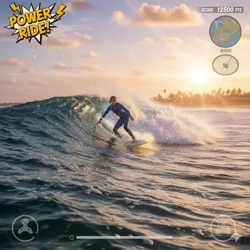 Motion-based surfboard ride arcade game with sensor-driven controls