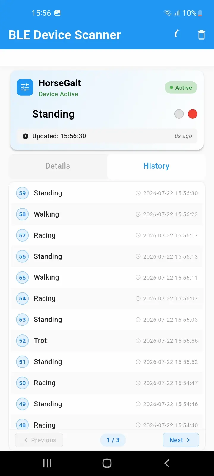 Companion app history log of the horse's gait changes with timestamps — standing, walking, trot, racing