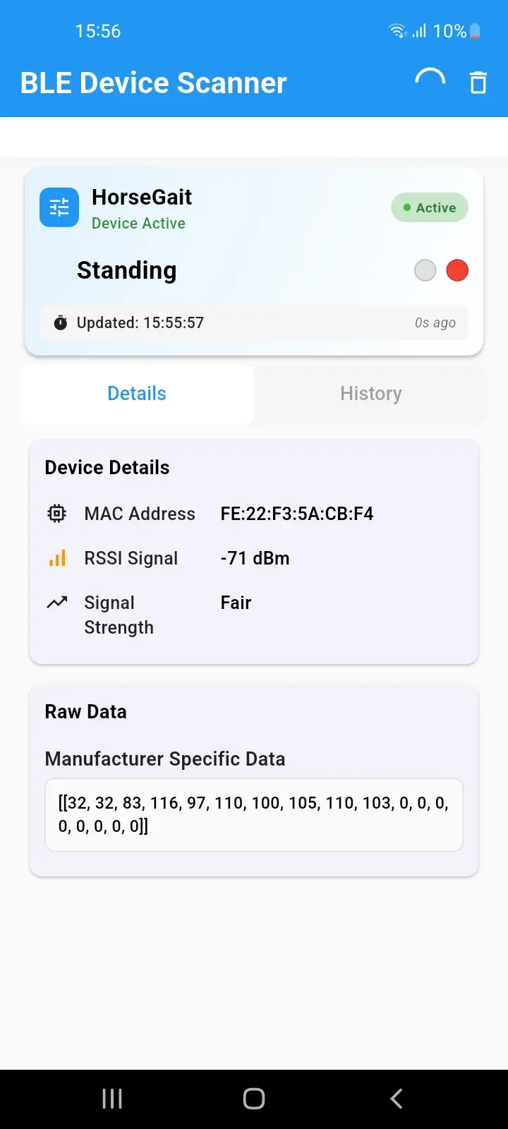 Companion app showing the horse's live gait state over Bluetooth