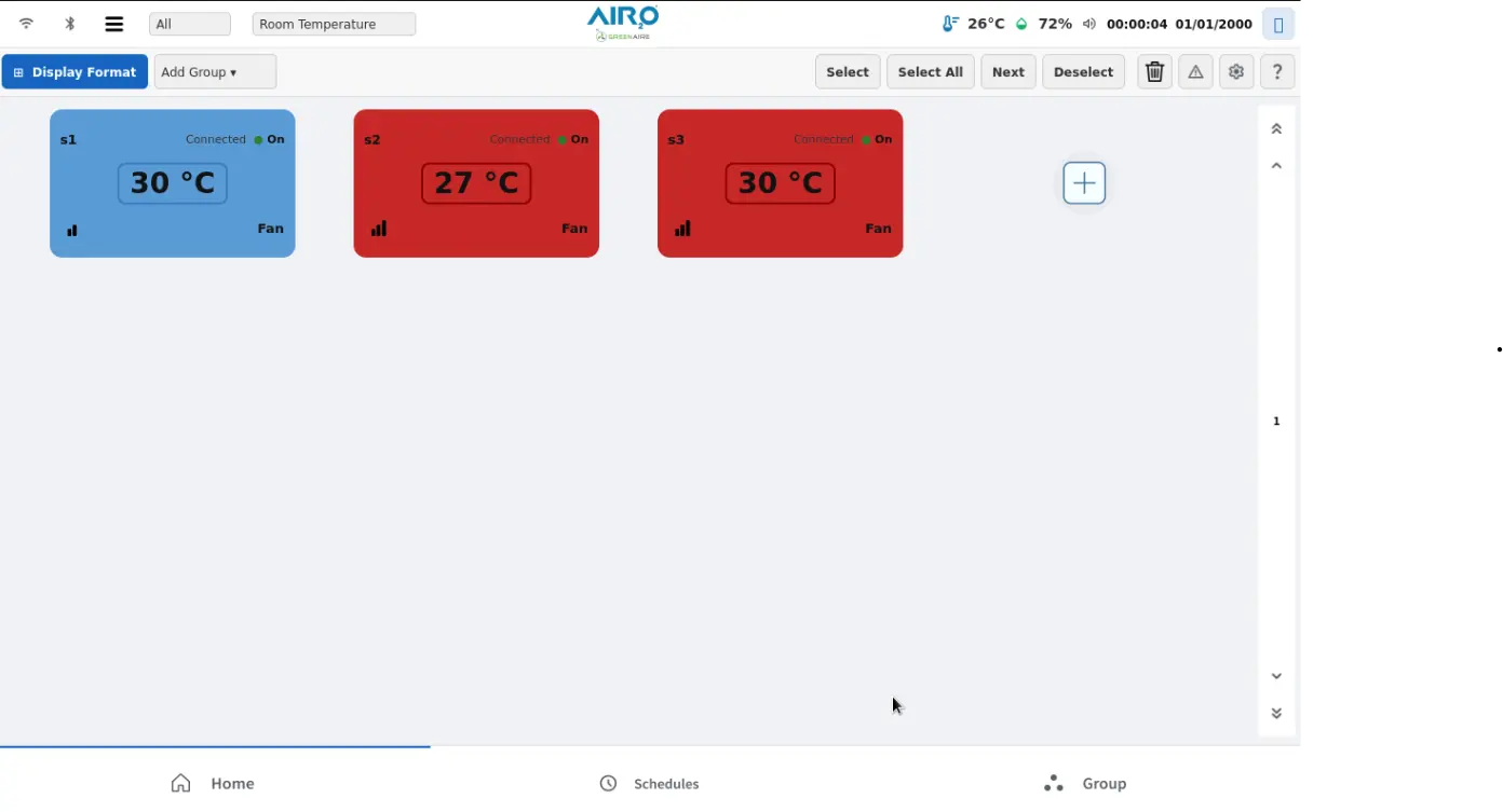Group control interface — six groups with floor-level assignment, bulk ON/OFF, and per-group mode settings