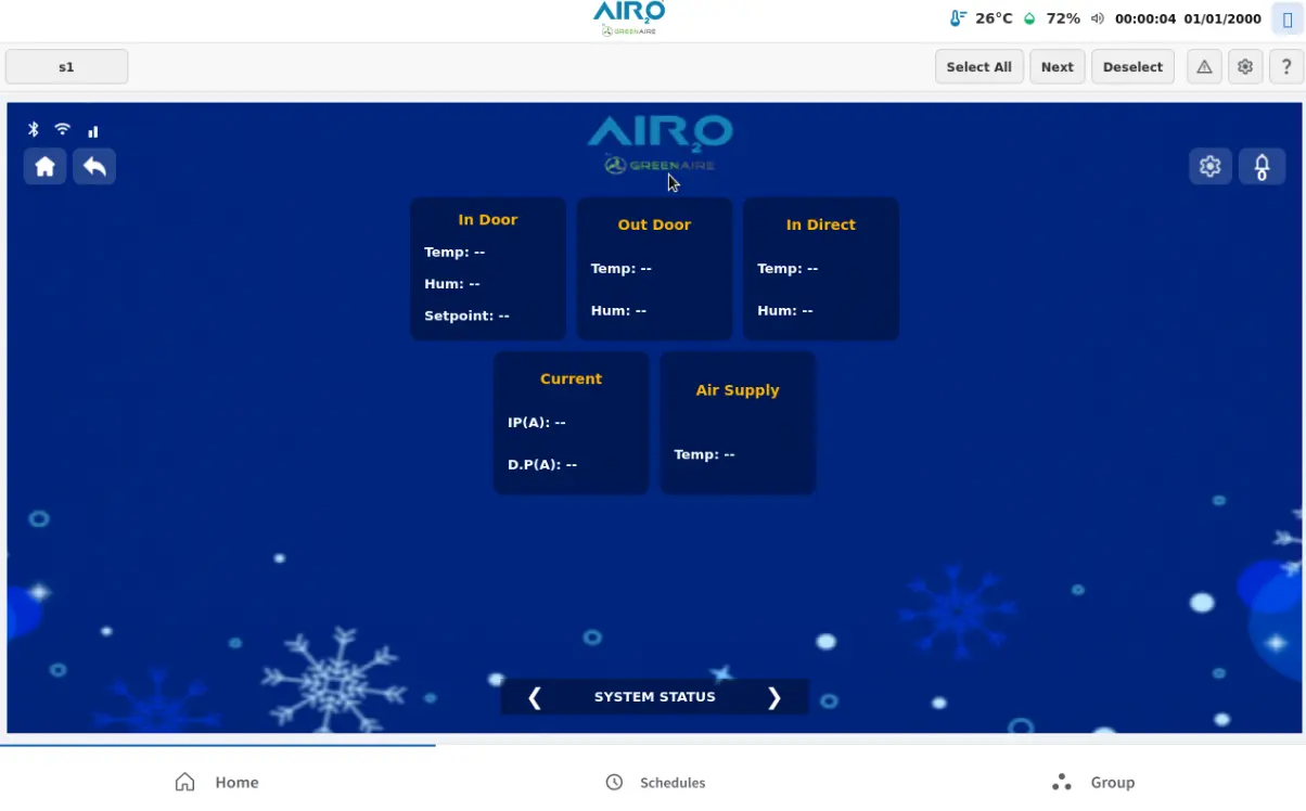 Sensor dashboard showing indoor, outdoor, and supply air readings alongside current monitoring