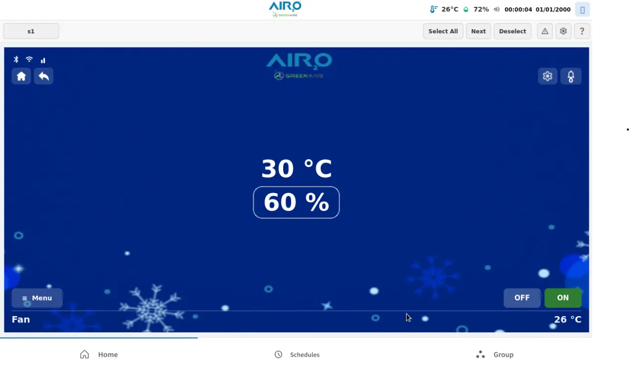 Weekly schedule view — Group 1 configured for 08:00–18:00, 24°C, high fan speed, IDEC mode