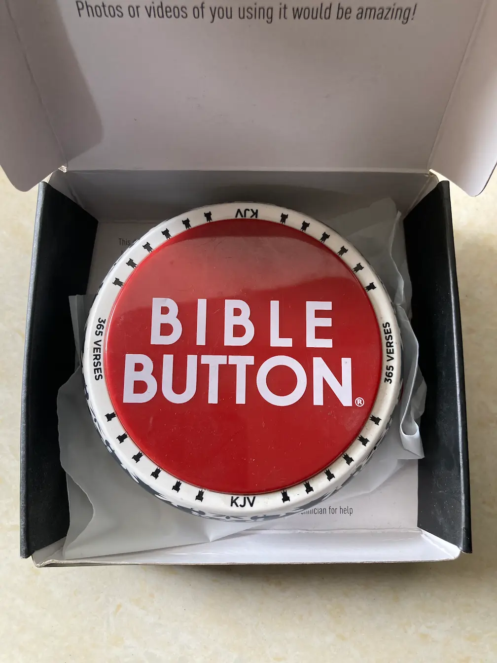 Bible Button ESP32 audio player packaged in its retail box