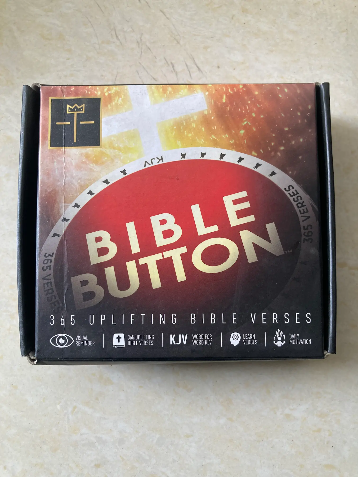 Bible Button ESP32 audio device retail box — 365 uplifting KJV Bible verses
