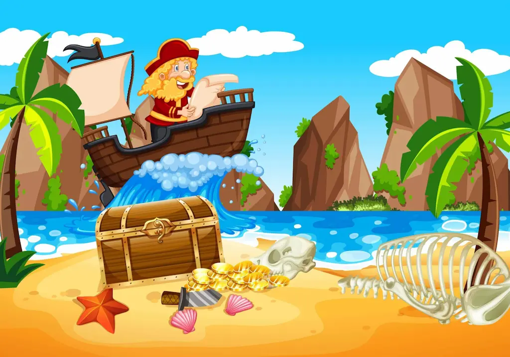 Pirate's Adventure arcade game with animated characters and coin collection
