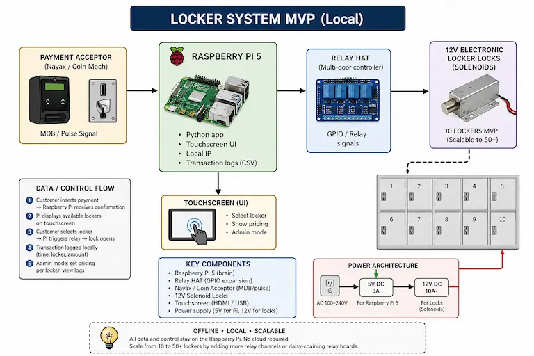 Raspberry Pi smart locker system architecture — Pi 5, relay HAT, 12V solenoids, Nayax and coin payment, scalable to 50+ lockers.