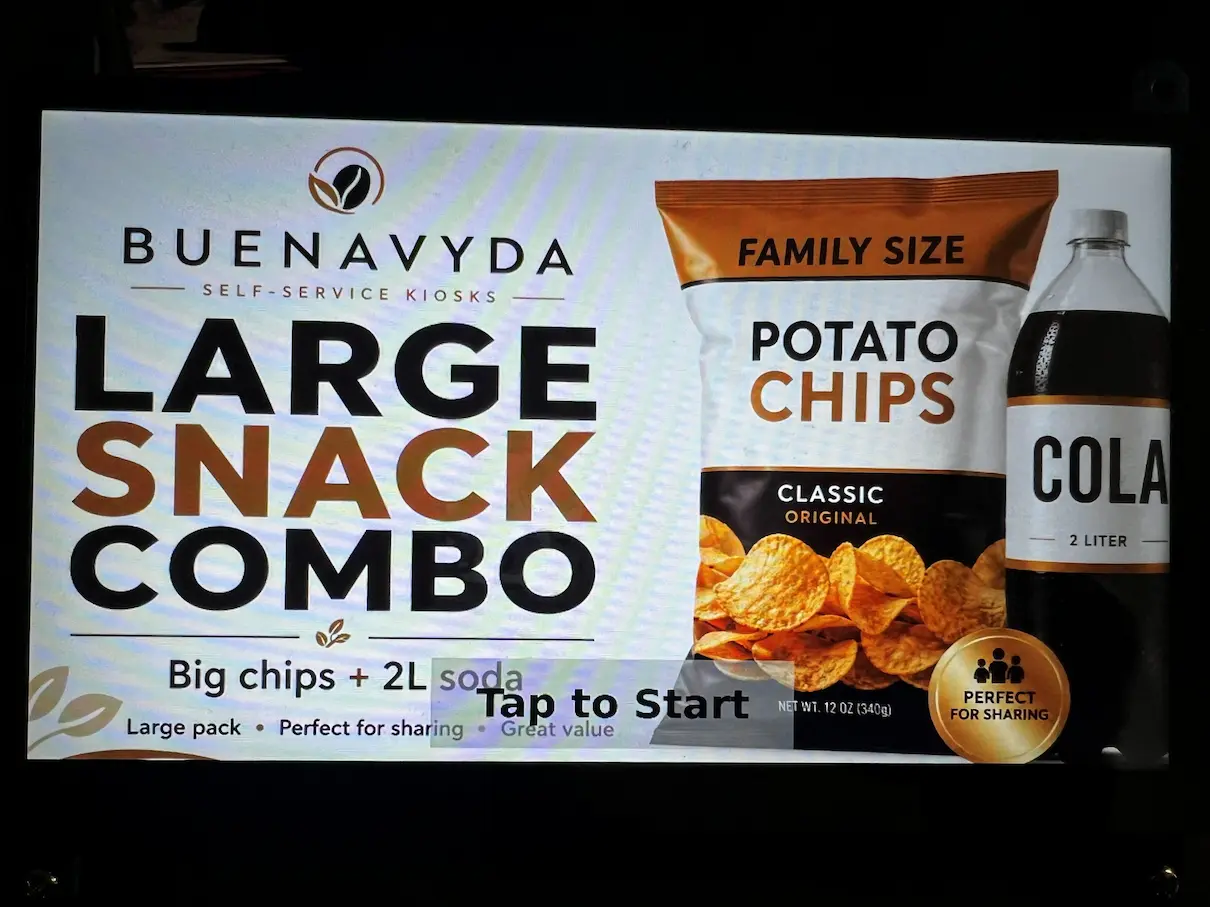 BUENAVYDA smart locker product screen — snack and drink combo with tap-to-start.