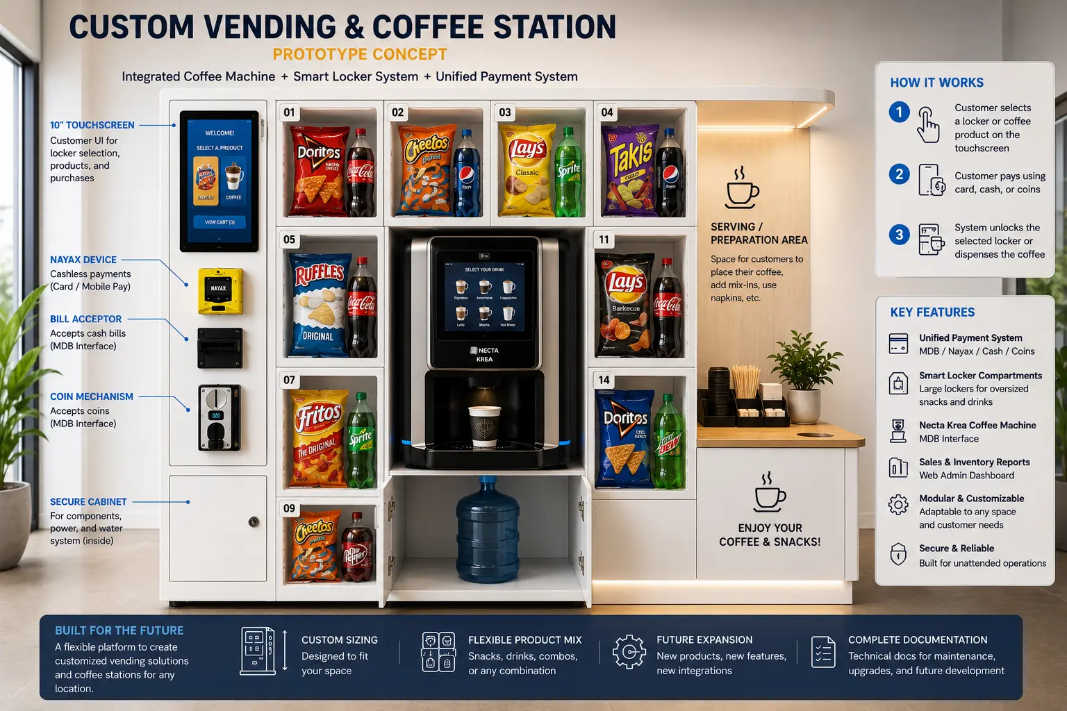 Concept render of the BUENAVYDA vending, coffee, and smart-locker station