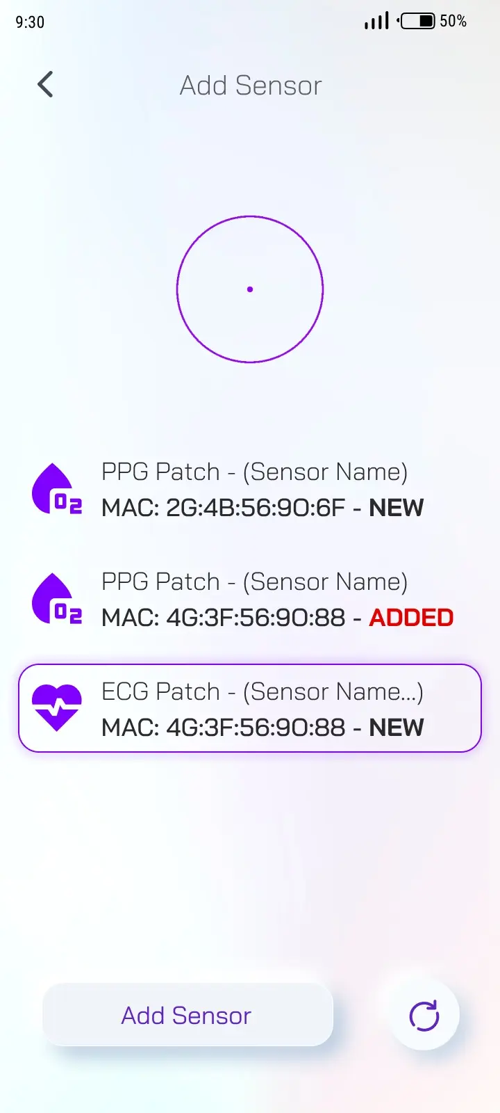 Vlepis BLE sensor pairing screen showing MAC-address-based multi-sensor connection flow